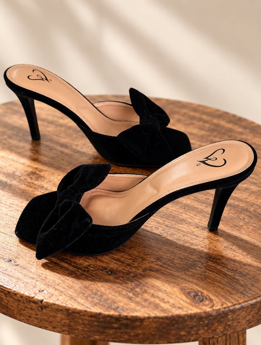 Windsor Alexi Black Velvet Heels with Bow, Square Toe, Size 8